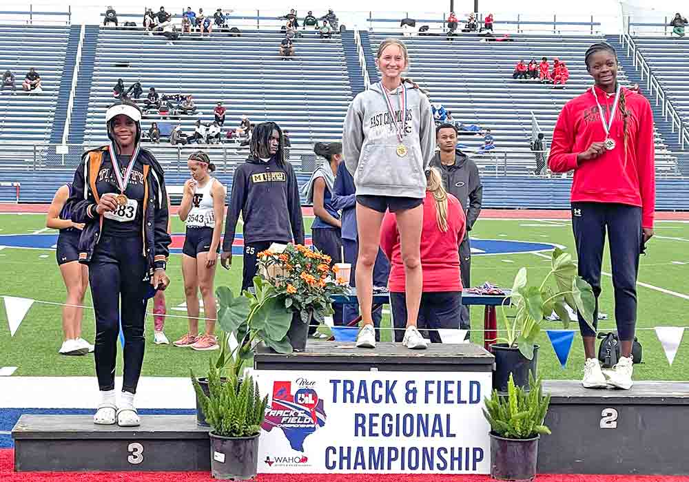Trinity’s Mariah Lewis finished 3rd place in high jump with a jump of 5 feet 2 at the regional track meet. Courtesy photo